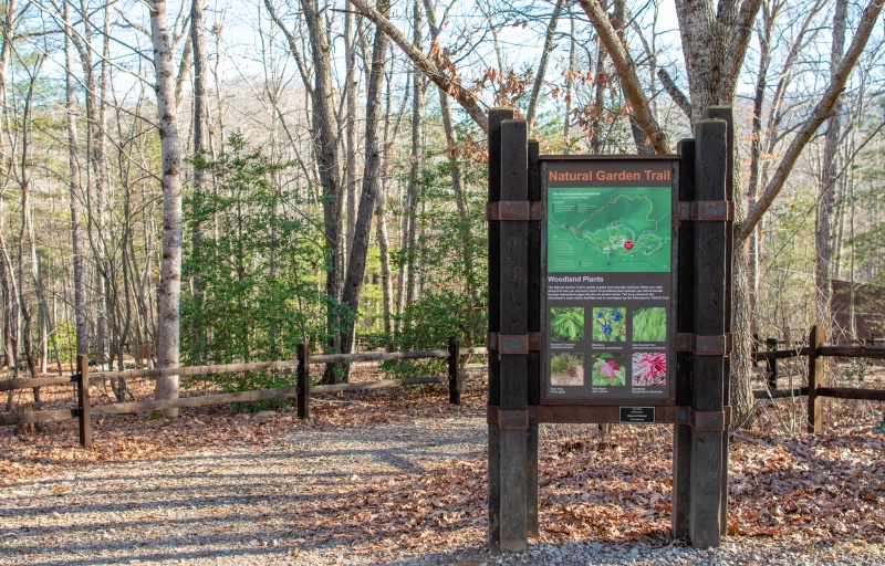 A trailhead sign in front of a gravel trail reads "Natural Garden Trail"