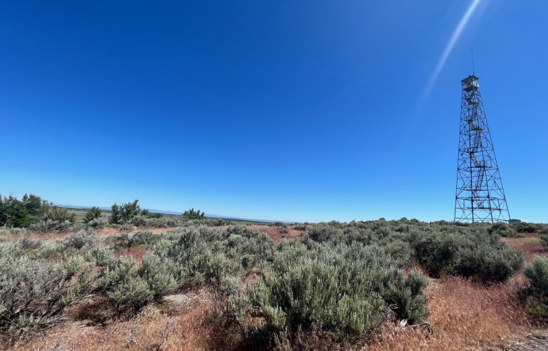 A view of the Overlook tower and sagebrush steppe