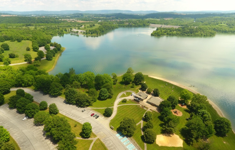 Aerial image of blue marsh lake