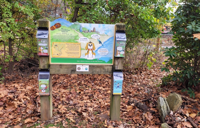 a close up of the track trail sign along the Oconaluftee River Trail