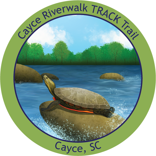 Sticker highlights a slider turtle along the river's edge